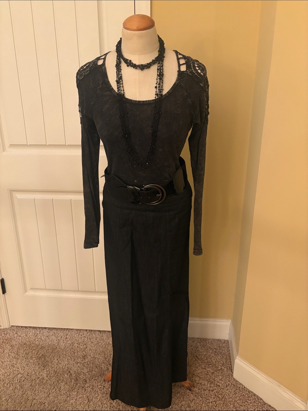 Women's Black Gem Stone Embellished Crochet-Shoulder Long Sleeve shirt
